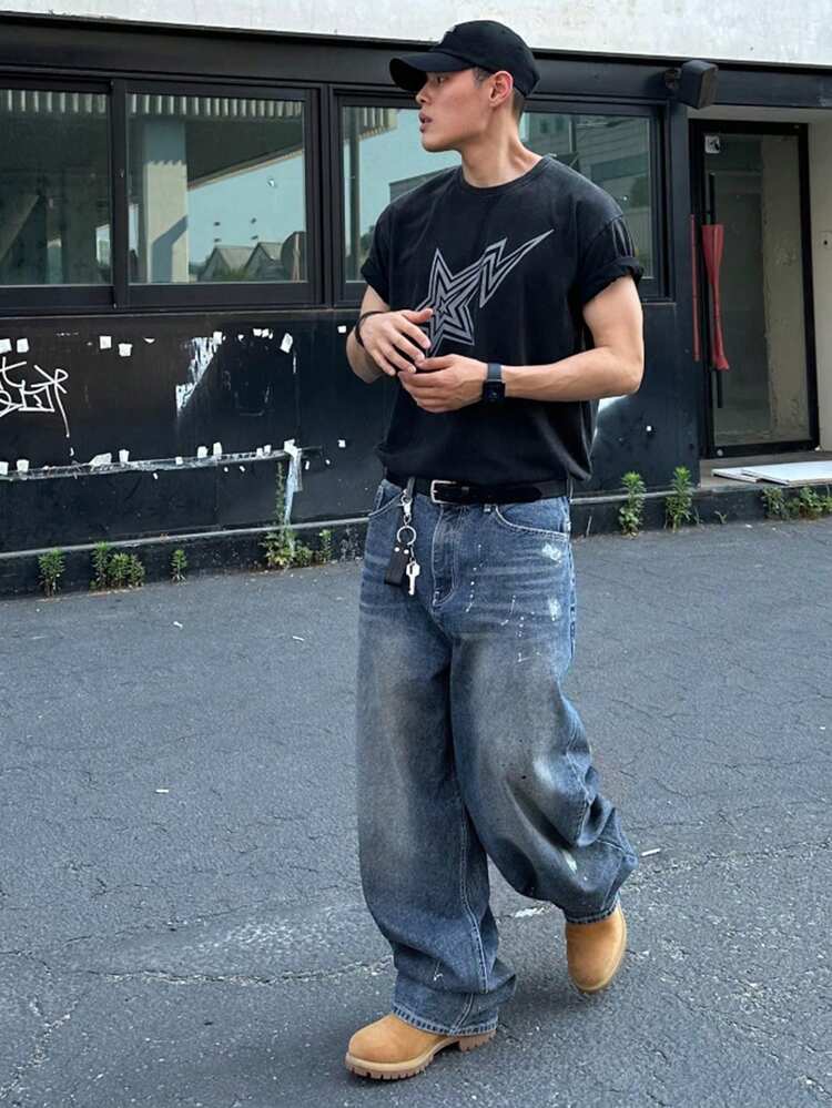Men's Distressed Washed Long Denim Jeans, Suitable For Spring And Autumn Summer