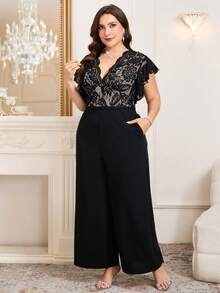Reflora Bộ áo liền quần cỡ lớn dành cho nữ, bộ áo liền quần thanh lịch, bóng bẩy thích hợp cho tiệc tùng và tụ họp, áo liền quần màu đen có túi, phù hợp cho mùa thu và mùa đông. - màu đen - Xem 6