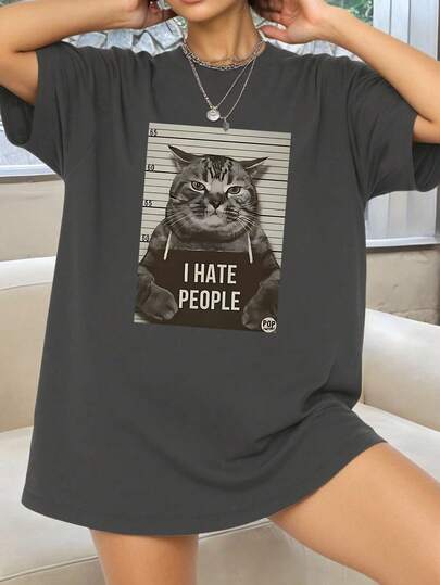 EMERY ROSE Plus-Size Loose-Fitting Short-Sleeved Top With Cat Print, Suitable For Everyday Wear.