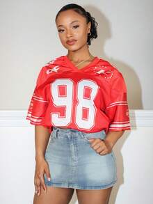 Steph T Women's Spring/Summer Festival Going Out Streetwear Vintage Breathable Mesh Number Pattern Graphics Baseball Jersey Red  Jersey T-Shirt - Red - View 4