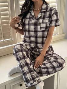 SHEIN Napfluff Plaid Print Lapel Cardigan Short Sleeve Pajama Set - Multicolor - View 1