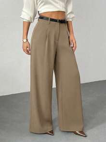 SHEIN PETITE 女士黑色纯色阔腿裤，配腰带，休闲阔腿裤，适合娇小身材 - 棕色 - 查看 4