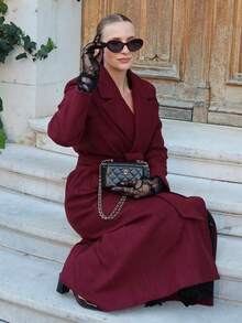 ORNATELLA 女士优雅酒红色中长款系带羊毛混纺大衣，冬季外套 - 酒紅色 - 查看 3
