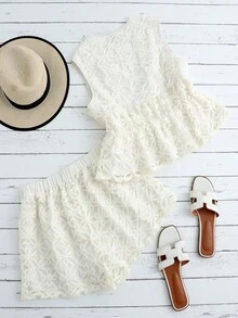 GlowEve 2pcs Jacquard Deep V-Neck Tie-Up Waist Elegant Top And Pants Set - Apricot - View 2