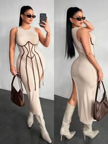 SHEIN SXY Vestido de mujer de cuello redondo, sin mangas, ajustado y de largo medio con abertura lateral en el bajo - Multicolor - Ver 6