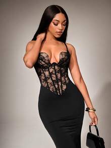 Radiana 女士性感优雅浪漫黑色蕾丝抹胸美人鱼长裙，修身抹胸连衣裙，长款连衣裙，低胸收腰吊带连衣裙，适合情人节、约会之夜、聚会、鸡尾酒会、舞会、音乐会、生日、婚礼、派对、俱乐部、下午茶、春季连衣裙 - 黑色 - 查看 3