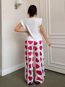 SHEIN Napfluff Heart Print Short Sleeve & Pants Cute Pajama Set - White - View 2