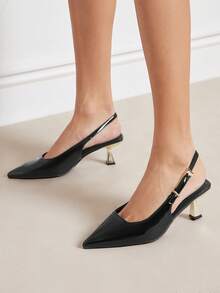 SHUZIA Tacones de salón con punta puntiaguda, tacón de gatito y hebilla con baño de metal, inspirados en diseñadores, elegantes y cómodos para el Día de San Valentín - Negro - Ver 2