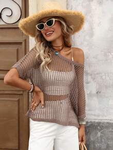 Brillora Women's Summer Beach Vacation Hollow Out Sheer Batwing Sleeve Loose Sweater - Brown - View 6