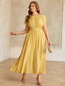 Roveilla Elegant Yellow A Line Plus Size Dress For Women Shirred Round Neck Short Puff Sleeve Long Flared Hem Woven Fabric Simple Chic Summer Modest Dress - Yellow - View 5