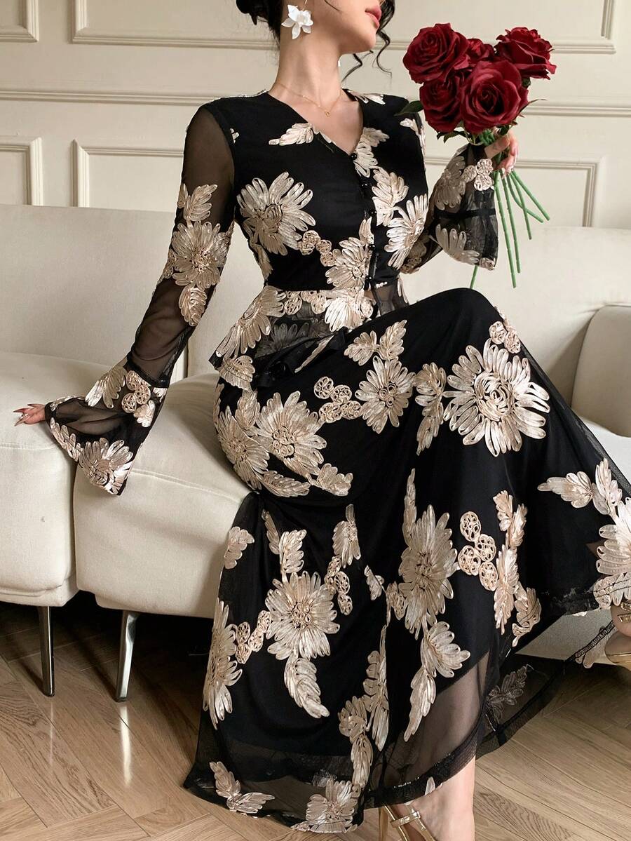 DAZY 女士优雅花卉V领喇叭袖套头衫和鱼尾裙两件套，春夏款 - 黑色 - 查看 1