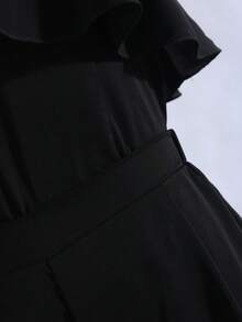 SHEIN 两件套优雅不对称肩部荷叶边上衣和阔腿裤套装，适合少女，黑色梭织面料，时尚高端 - 黑色 - 查看 5