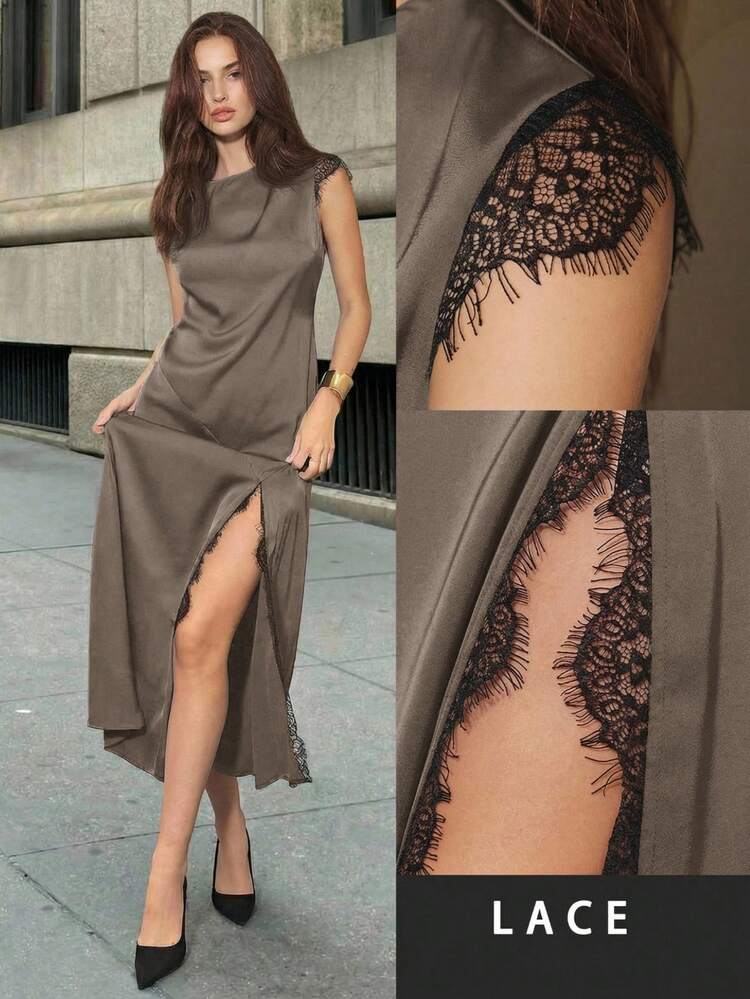 SHEIN Maija 2026 Women's Lace Patchwork Flare Sleeve Round Neck High Slit Party Dress ,Summer Dress