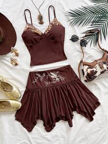 Soleia 女士时尚亮片装饰吊带背心和刺绣迷你裙两件套，夏季 - 棕色 - 查看 2