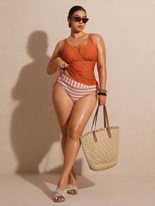 Elaquor Plus Size Solid Color Vest & Striped Triangle Tankini Set, Vacation Beach Spring/Summer Set For Women Spring/Summer Swimwear For Women - Multicolor - View 1