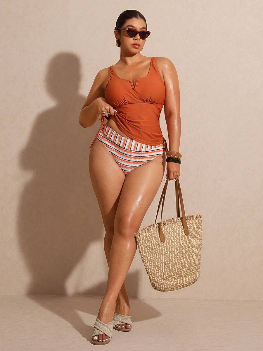 Elaquor Plus Size Solid Color Vest & Striped Triangle Tankini Set, Vacation Beach Spring/Summer Set For Women Spring/Summer Swimwear For Women - Multicolor - View 1