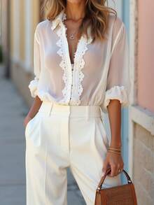 Balvessa Women's Contrast Lace Long Sleeve Single-Breasted Elegant Blouse - White - View 1