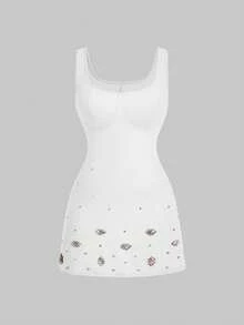 SHEIN MOD Plus Size Women's Rhinestone Embellished Shiny Elegant White Mini Dress, Suitable For Graduation Season, Birthday Party Summer - White - View 3