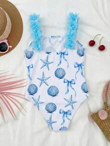 Emery Rose Kids Emery Rose Kids Young Girl Striped Bow & 3D Flower One-Piece Swimsuit - Baby Blue - View 5