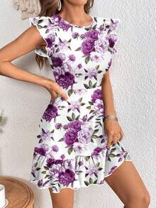 SHEIN Clasi Váy mini tay lỡ in hoa tím cho nữ - Màu tím hoa cà - Xem 4