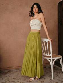 Anewsta Essential Women's Solid Color Elegant Pleated Skirt Maxi - Green - View 6