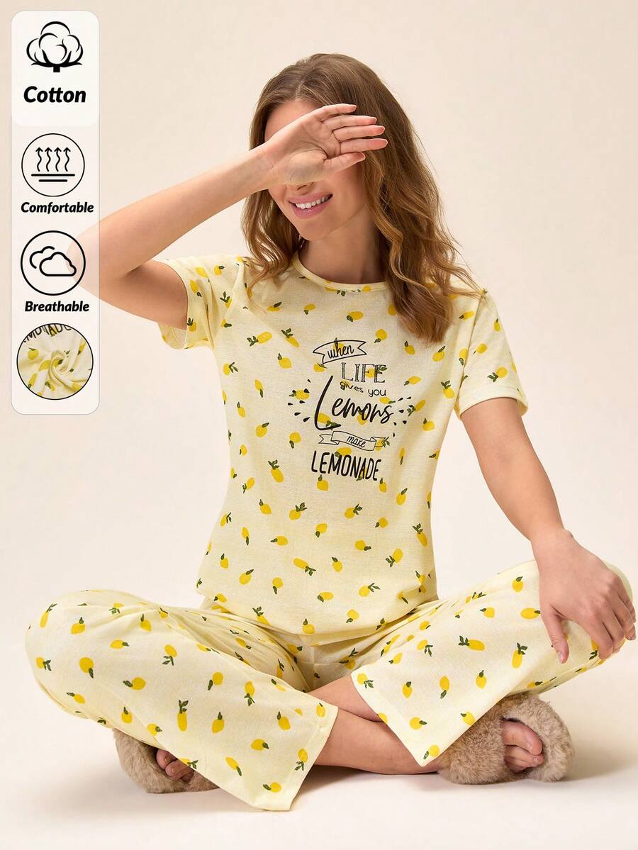 Loomlin Women Lemon Graphic Yellow Cute Pajama Sets, Chic, - Yellow - View 1