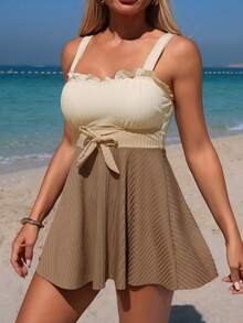 SHEIN Swim Lushore 两件套女士泳装，优雅荷叶边比基尼上衣，舒适宽肩带，撞色设计，成熟时尚端庄泳装 - 彩色 - 查看 3