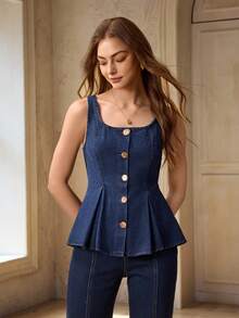 Selenza Tall Women's Square Neck Metal Single-Breasted Pleated Hem Sleeveless Denim Top - Dark Wash - View 5