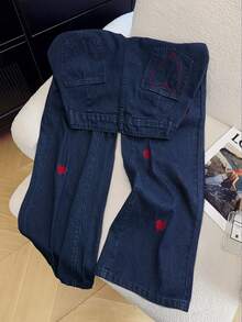 GlowEve 女士休闲心形刺绣纽扣直筒裤 - 藍色 - 查看 2