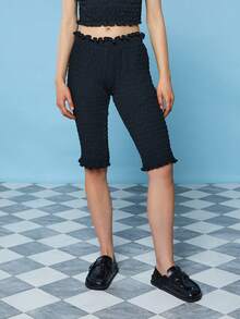 COUREZ 低腰褶皱荷叶边七分裤 /Y2K 夏季女装可爱性感黑色沙滩裤 女士度假泳装 夏季度假女式沙滩装 - 黑色 - 查看 2