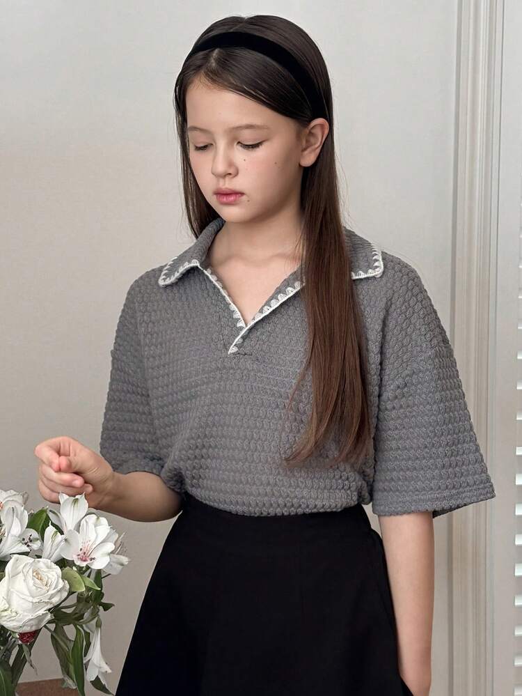 Tween Girls Ribbed Knit Collared Short Sleeve T-Shirt, Fall