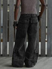 NEON BLANC Quần jeans ống loe cargo nam, kiểu dáng thường ngày, đã qua xử lý giặt. - màu đen - Xem 2