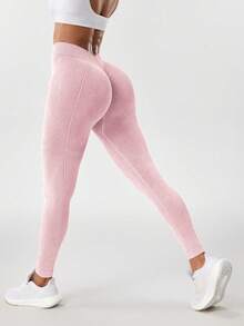 Slayform Slayform 1pc Washed Lotus Root Powder Color Sports Leggings,Tight-Fitting V-Waist Long Pants,Seamless Knit High Elasticity Comfortable Yoga Fitness Casual - Dusty Pink - View 2