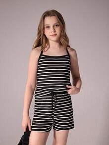 Tween Girls Striped Camisole Fitted Vacation Tops, Casual Tops, Versatile , Suitable For Vacation, Travel, And Various Occasions, Spring/Summer - Black and White - View 4