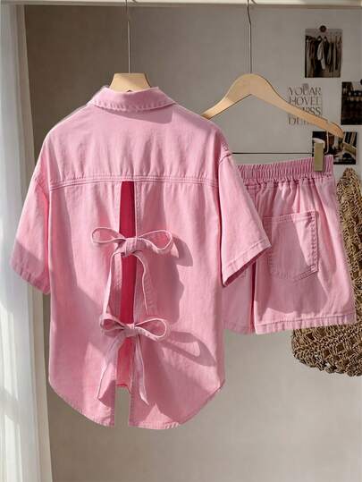 GlowEve Women's Casual Everyday Commute Solid Color Drop Shoulder Loose Patchwork Pocket Denim Shirt And Shorts Set, Summer