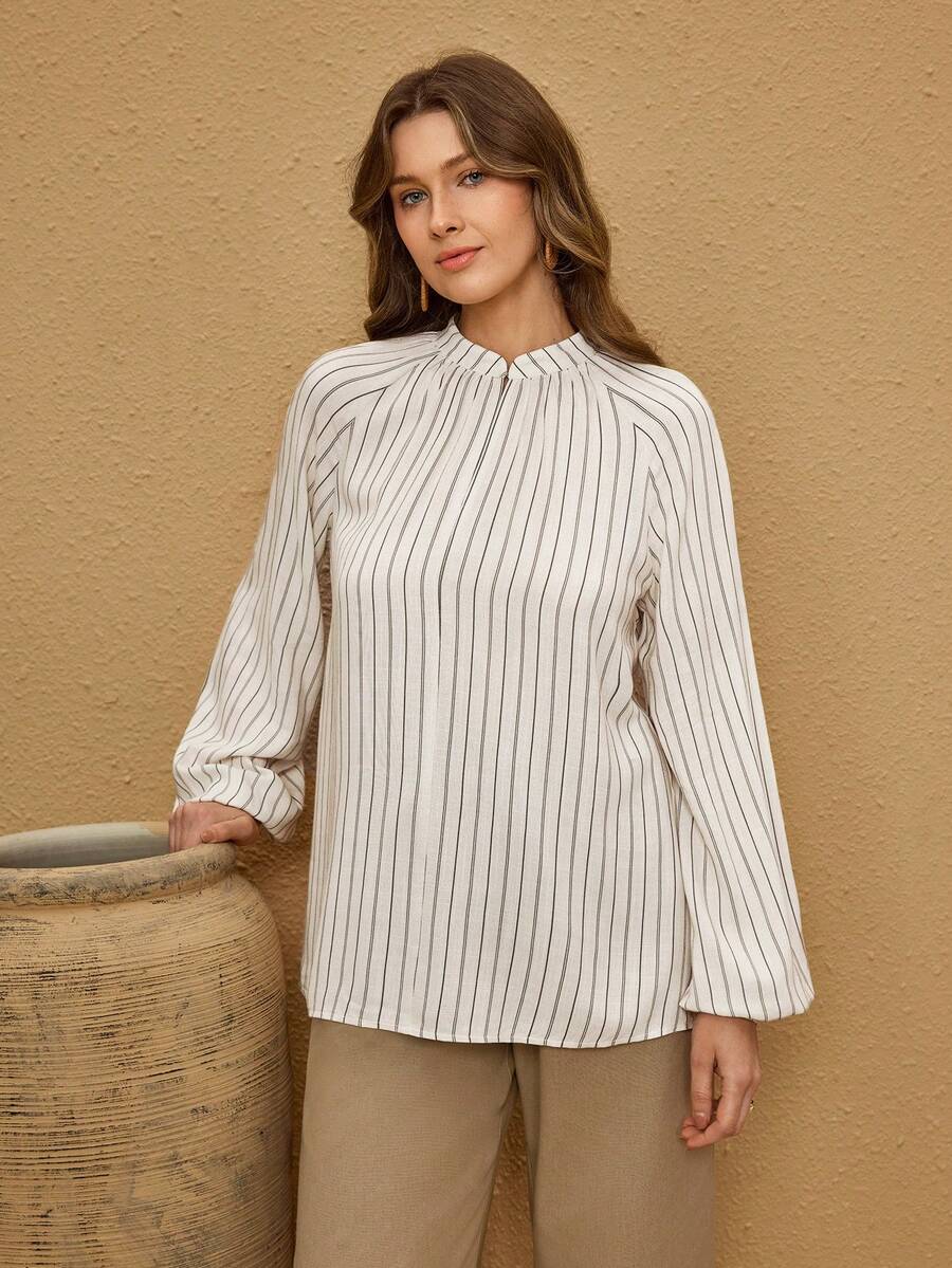 Hansera Women's Casual Vacation & Commute Striped Print Lantern Sleeve Blouse, Spring/Autumn - Multicolor - View 1