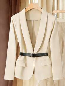 Franclia Bộ vest nữ cỡ lớn thanh lịch gồm áo blazer và thắt lưng đen, chân váy viền lưới, phù hợp cho công sở và đi làm. - Màu be - Xem 4
