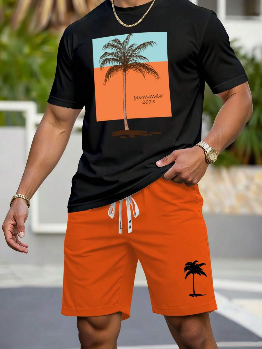 Manfinity RSRT Men's Vacation Palm Tree Letter Print Short Sleeve T-Shirt And Drawstring Waist Shorts Casual Suit - Multicolor - View 1