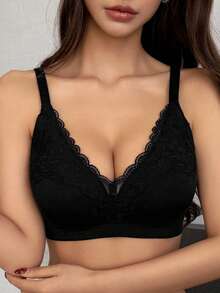 DAZY Lace Patchwork Adjustable Spaghetti Strap Slight Push-Up Bra For Women - Black - View 7
