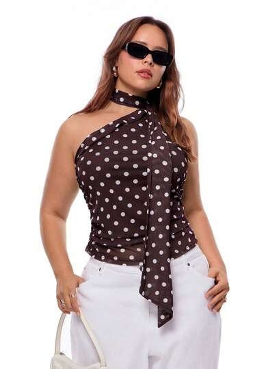 Solavibe Áo kiểu nữ cỡ lớn thanh lịch in chấm bi, vai lệch, thích hợp cho mùa hè.