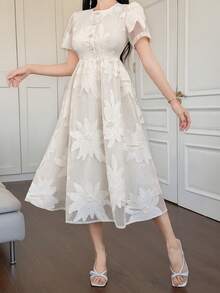 DAZY 女士优雅印花圆领花瓣袖中长连衣裙，夏季 - 杏色 - 查看 8