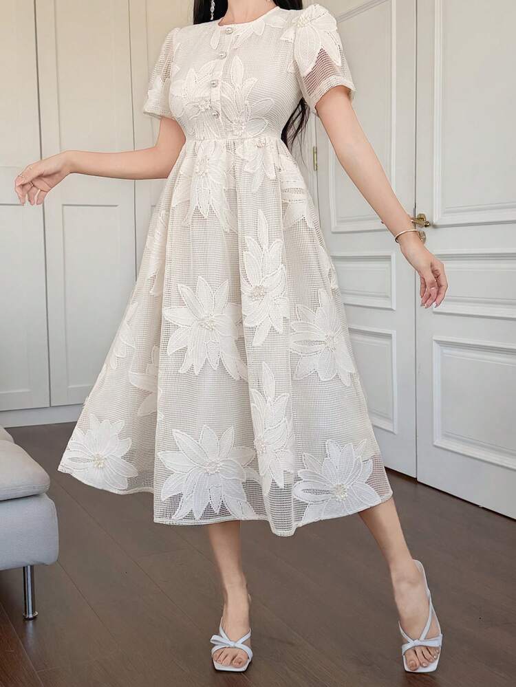 Women's Elegant Floral Print Round Neck Petal Sleeve Mid-Length Dress, Summer,Wedding Guest Dress Women Sundress