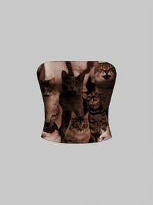 ROMWE Grunge Punk Women's Casual Versatile Cat Print Tube Top - Brown - View 1