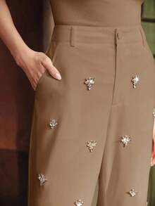 Anewsta Women's Fashion Minimalist Luxury Heavily Embellished Slim-Fit Flared Dress Pants,Khaki,Autumn,Elegant,Party,Formal Wear,Work,Festival, - Khaki - View 4