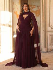 Aureia Saia Evasê A-Line Super Ampla com Decote V em Tule Brilhante Bordô, com Alça Destacável, Elegante em Plus Size, Adequada para Encontros, Festas de Solteiros, Casamentos, Eventos, Vestidos de Dama de Honra - Vermelho - Visão 7