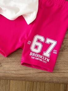 SHEIN 2pcs Baby Girl Casual Sports Letter Print Short Sleeve T-Shirt And Shorts Set, Pink,Kids - Hot Pink - View 7