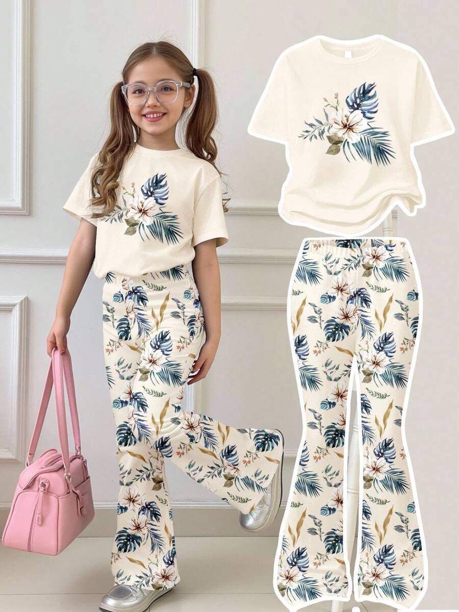 SHEIN 少女休閒極簡時尚度假海灘風熱帶花卉插圖圖案寬鬆短袖圓領T恤與喇叭長褲2件套，適合夏季日常、度假、街拍、出遊 - 彩色 - 查看 1