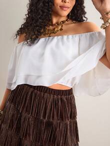 Freevana Áo croptop trắng trễ vai, viền bèo nhún, kiểu bohemian, thích hợp mặc đi nghỉ mát, tôn dáng và nhẹ nhàng cho mùa hè. - trắng - Xem 3
