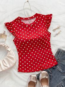 Soleia Women's Casual Polka Dot Print Ruffle Trim Round Neck T-Shirt, Summer - Red and White - View 5