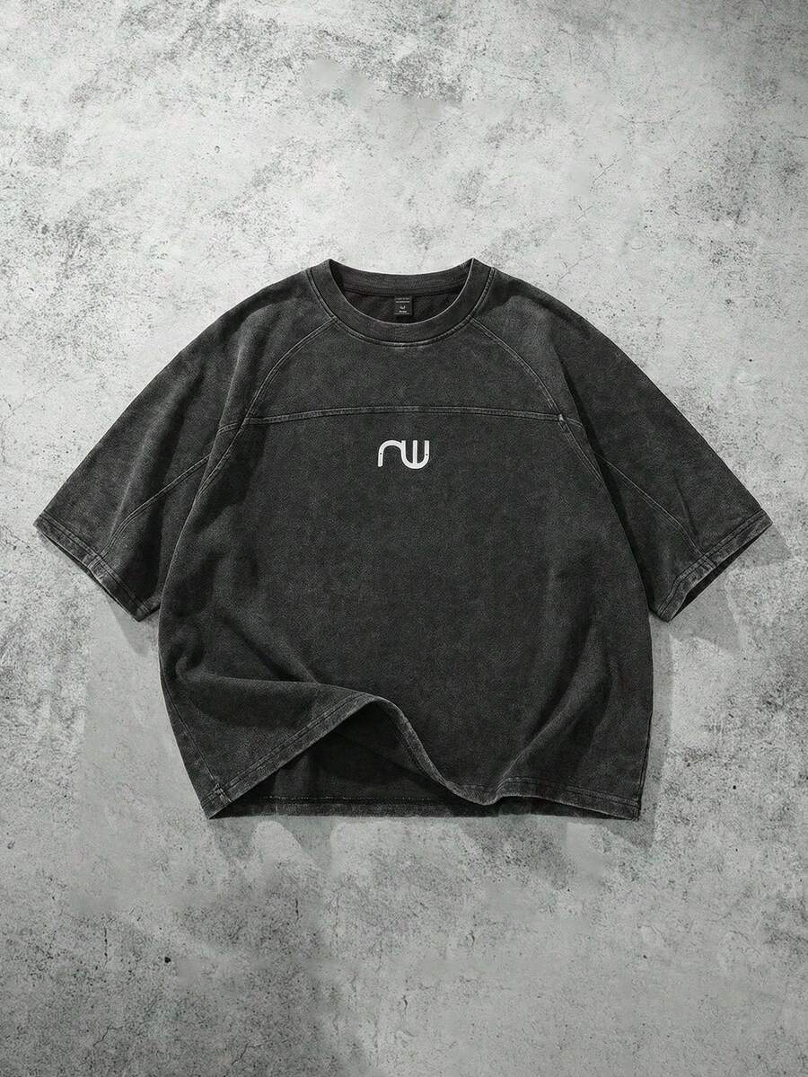 ROMWE MEN Essentials Áo thun nam tay ngắn dáng rộng, phối nhiều mảnh vải, kiểu dáng rách rưới - màu đen - Xem 1